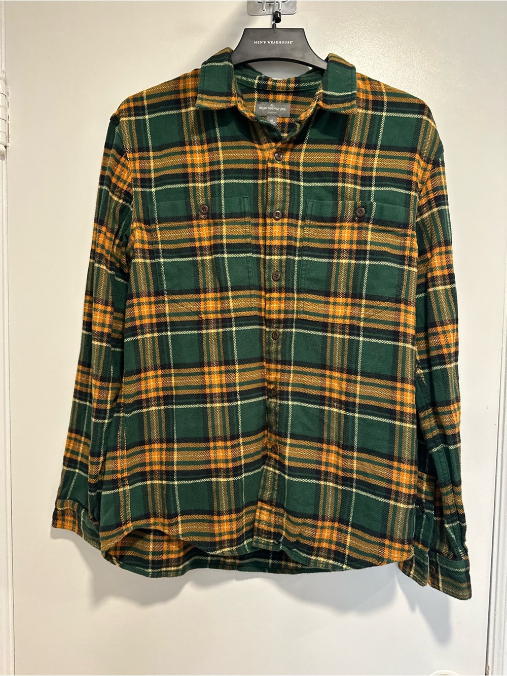 L.L.Bean Signature Sz:M plaid flannel shirt green/yellow Heavyweight Cotton